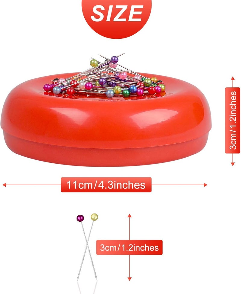 Phinus Store Magnetic Pin Cushion with 200 PCS Sewing Pins, Round Plastic Magnetic Sewing Cushion, Magnetic Pin Holder for Sewing Needles Push Pins Hair Bobby Pins (Red) - Image 2