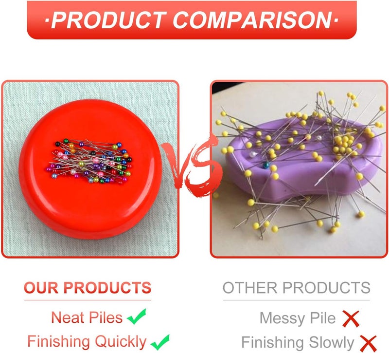 Phinus Store Magnetic Pin Cushion with 200 PCS Sewing Pins, Round Plastic Magnetic Sewing Cushion, Magnetic Pin Holder for Sewing Needles Push Pins Hair Bobby Pins (Red) - Image 4