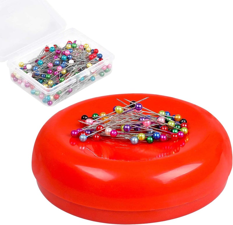 Phinus Store Magnetic Pin Cushion with 200 PCS Sewing Pins, Round Plastic Magnetic Sewing Cushion, Magnetic Pin Holder for Sewing Needles Push Pins Hair Bobby Pins (Red) - Image 1