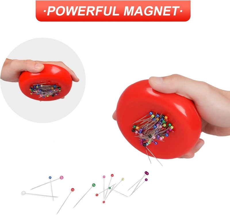 Phinus Store Magnetic Pin Cushion with 200 PCS Sewing Pins, Round Plastic Magnetic Sewing Cushion, Magnetic Pin Holder for Sewing Needles Push Pins Hair Bobby Pins (Red) - Image 3