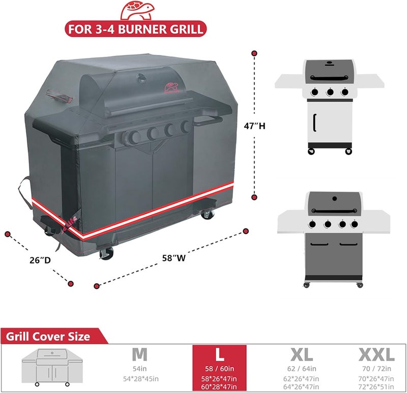 Turtle Life BBQ Grill Cover, 58 Inch Heavy Duty Waterproof 3-4 Burner Barbecue Gas Grill Covers for Weber Spirit Char-Broil Performance and Signature, Black - Image 2