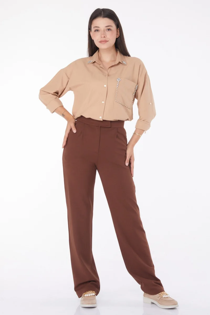 Tofisa Plain Mid Women's Brown Velcro Trousers - 25657