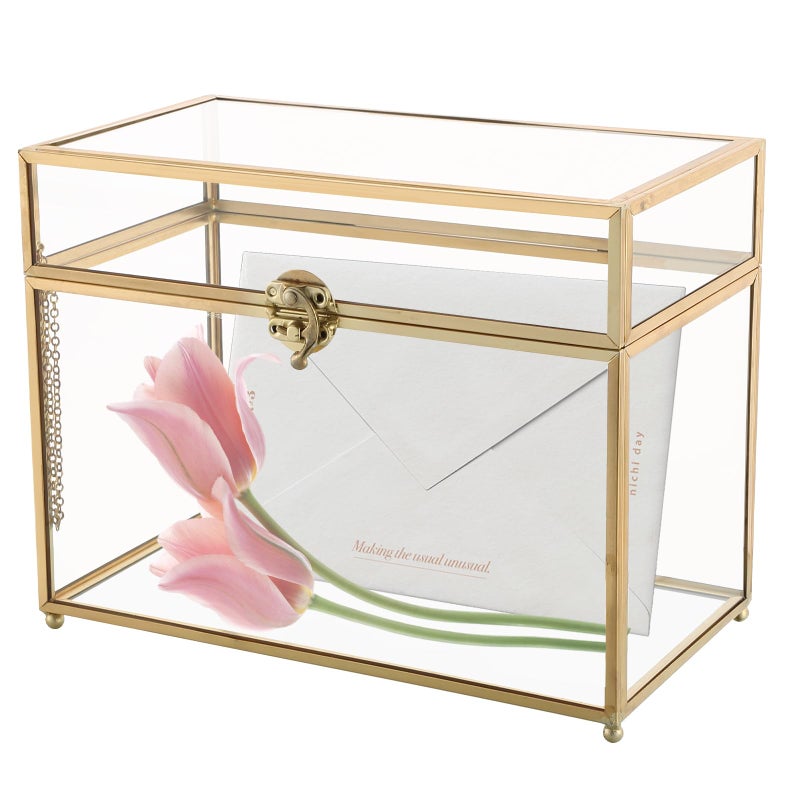 NATGAI Golden Vintage Glass Jewelry Organizer Box with Lid, Large Clear Decorative Box for Wedding Birthday Gift, Glass Card Box, Rectangle Jewelry Display Organizer Box (10 x 5.6 x 7.7 inches) - Image 1
