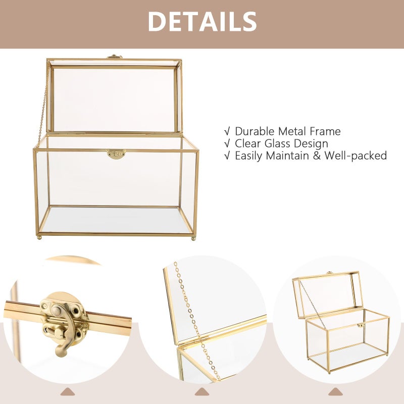 NATGAI Golden Vintage Glass Jewelry Organizer Box with Lid, Large Clear Decorative Box for Wedding Birthday Gift, Glass Card Box, Rectangle Jewelry Display Organizer Box (10 x 5.6 x 7.7 inches) - Image 3