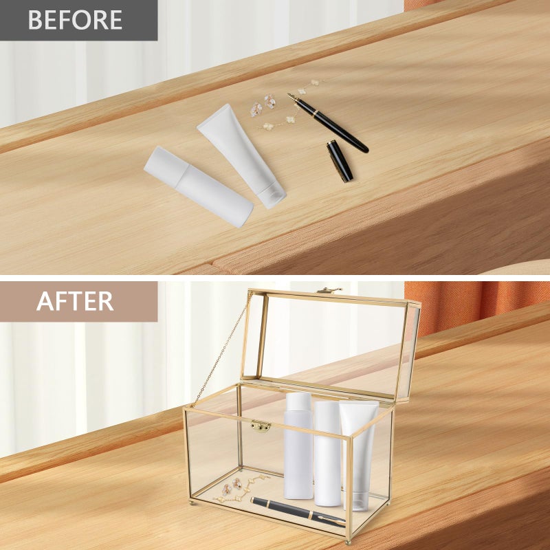 NATGAI Golden Vintage Glass Jewelry Organizer Box with Lid, Large Clear Decorative Box for Wedding Birthday Gift, Glass Card Box, Rectangle Jewelry Display Organizer Box (10 x 5.6 x 7.7 inches) - Image 4