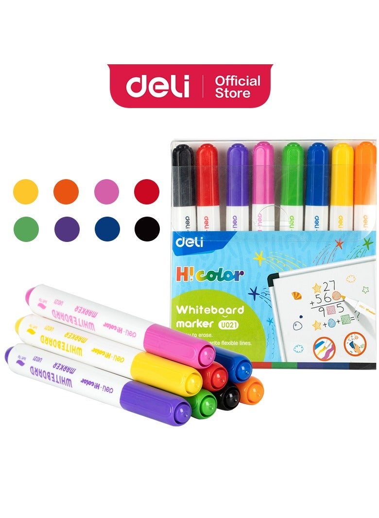 Deli EU021 HiColor Whiteboard Markers – Soft Tip, 8-Color Pack - Image 1