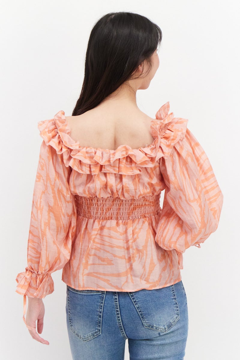 RIVER ISLAND Women Boat Neck Long Sleeve Abstract Print Top, Orange - Image 3