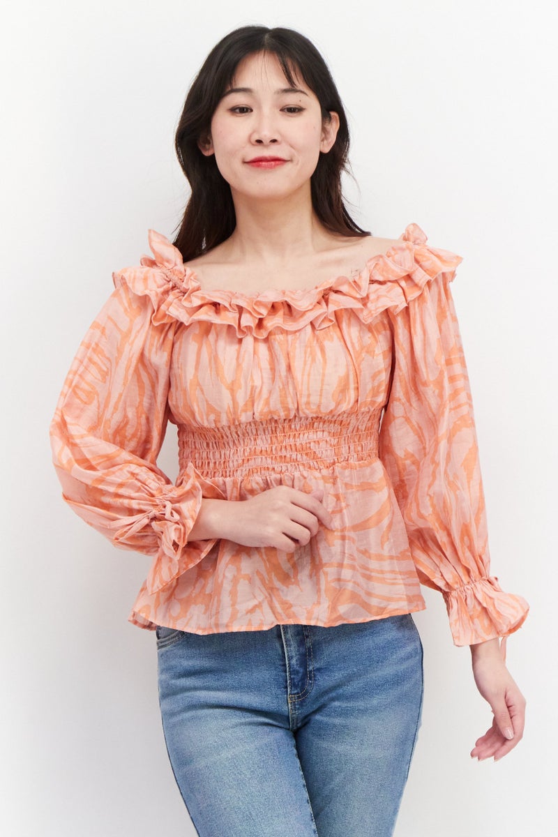 RIVER ISLAND Women Boat Neck Long Sleeve Abstract Print Top, Orange - Image 1