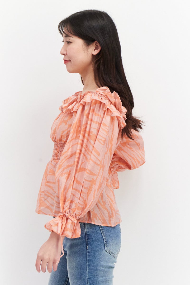 RIVER ISLAND Women Boat Neck Long Sleeve Abstract Print Top, Orange - Image 2