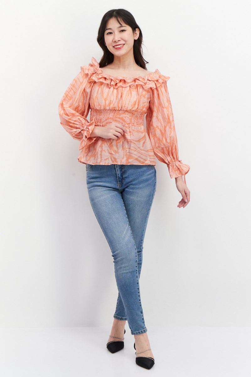 RIVER ISLAND Women Boat Neck Long Sleeve Abstract Print Top, Orange - Image 4