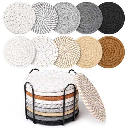 Billbotk 10 Pieces Coasters for Drinks, 10 Colors Absorbent Drink Coasters with Holder, Table Coaster Set for Home Decor, Apartment Decor Aesthetic, Living Room Essentials, 4.3 Inches - Image 1