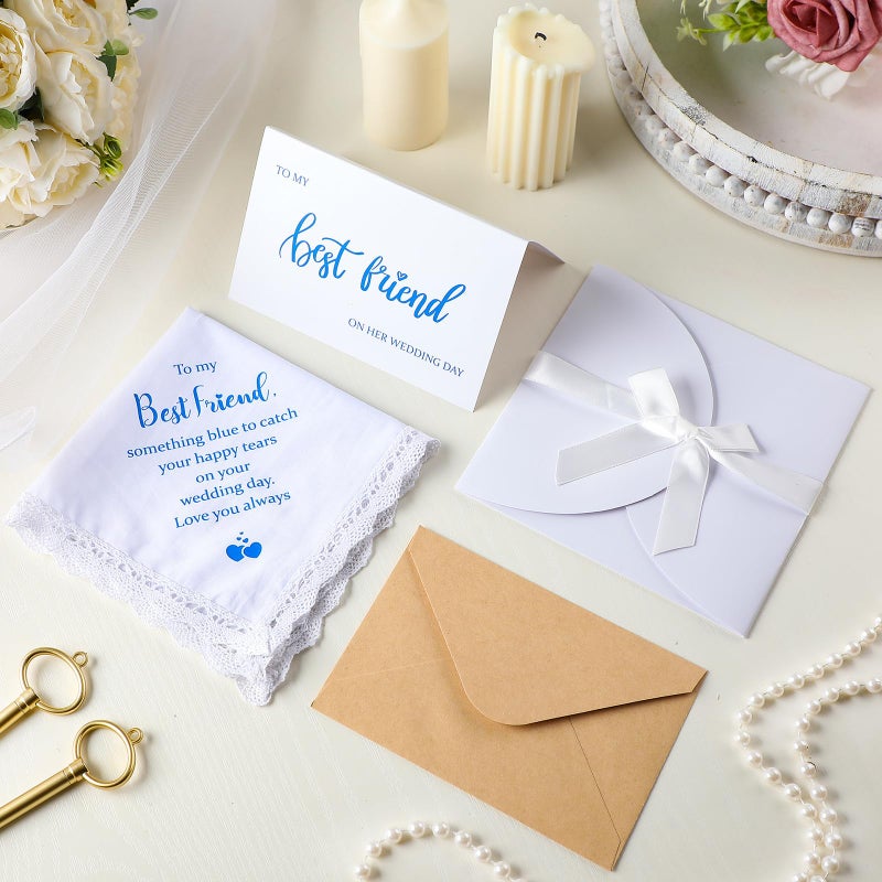 Mindsoft Set of 4 Something Blue Gift for Bride with Handkerchief, Wedding Day Card, 2 Pcs Envelopes to Best Friend for Bride - Image 4
