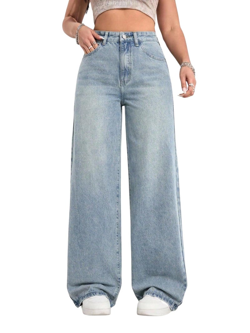 Aahwan Blue Solid Flared Wide-Leg Denim Korean Pants for Women's & Girl's(316-Aahwan Blue-30) - Image 1
