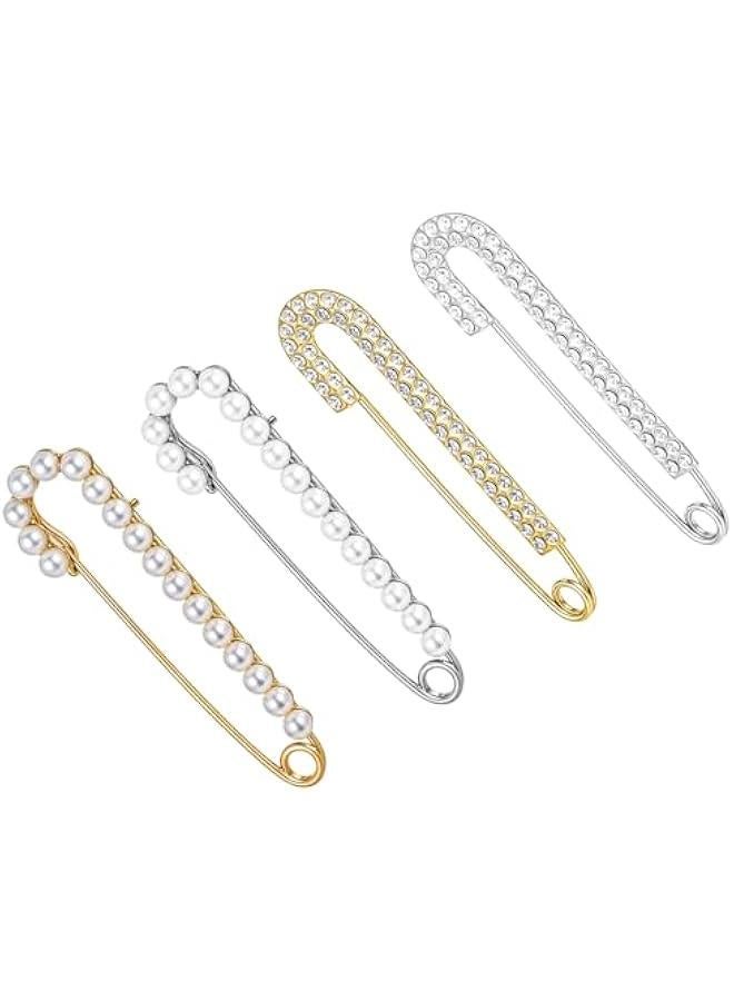 Brooche Pins for Women, 4pcs Pearl Sweater Shawl Hat Clips Rhinestones Safety Pins Cardigan Clips Sock Charms Pins for Jeans Sweater Dress Pant Clothing Decoration Accessories - Image 1