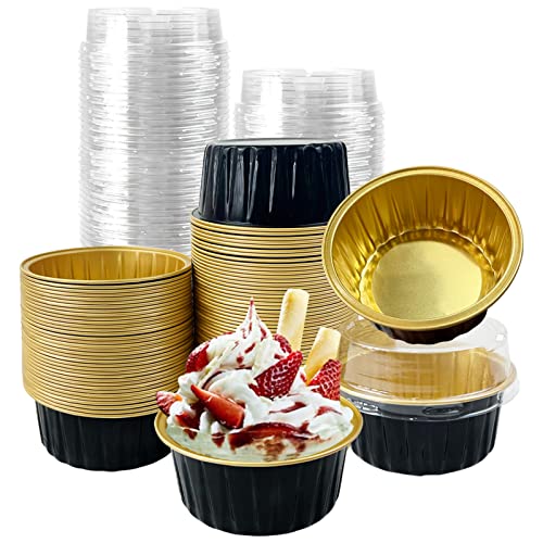 100Pcs Aluminum Cups with Lids5oz Disposable Ramekin Baking Cups Muffin Liners Mini Pie Pans Foil Cupcake Containers for Christmas Party WeddingBlack Gold