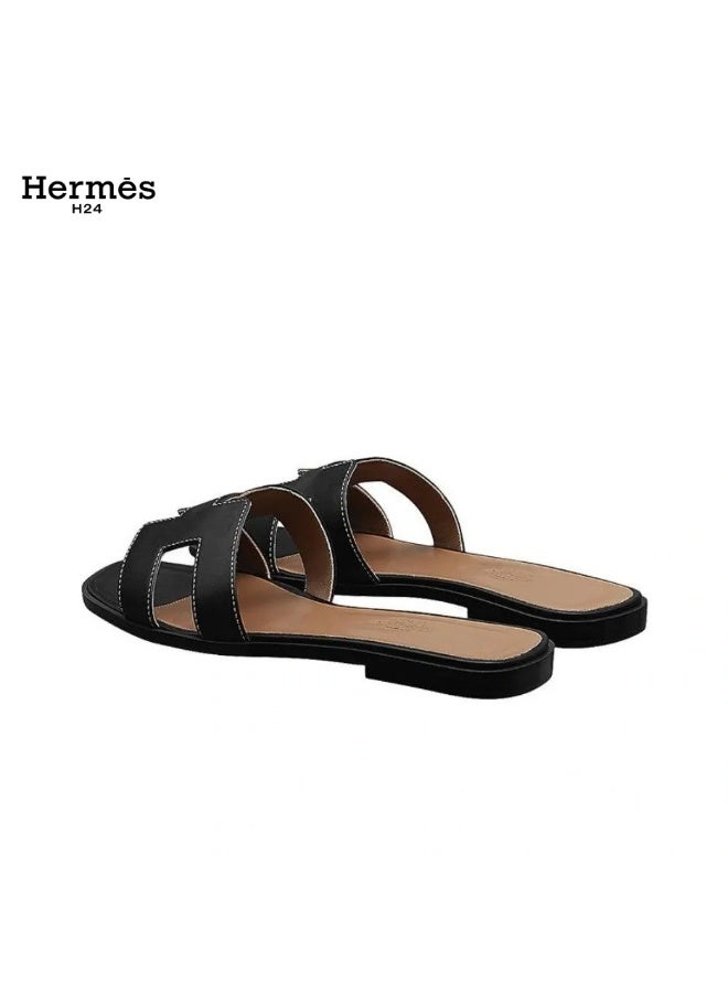 Hermes H24 Oran Calfskin Open-Toe Slip-On H-Shaped Cutout Flats for Women Summer , Black - Image 2