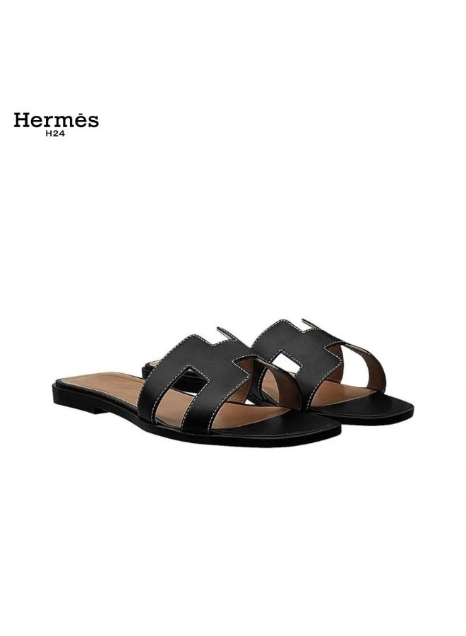Hermes H24 Oran Calfskin Open-Toe Slip-On H-Shaped Cutout Flats for Women Summer , Black - Image 1