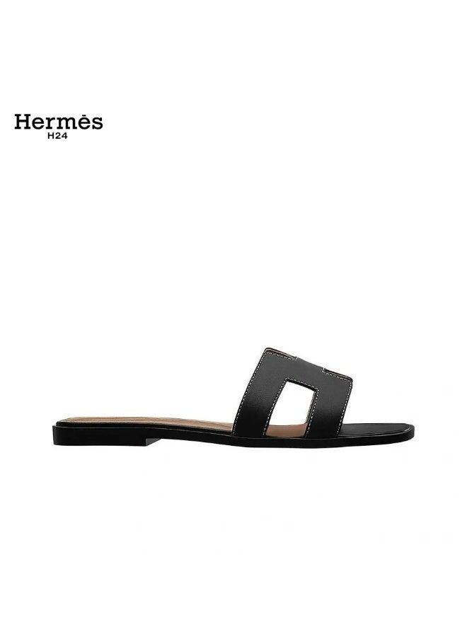 Hermes H24 Oran Calfskin Open-Toe Slip-On H-Shaped Cutout Flats for Women Summer , Black - Image 3