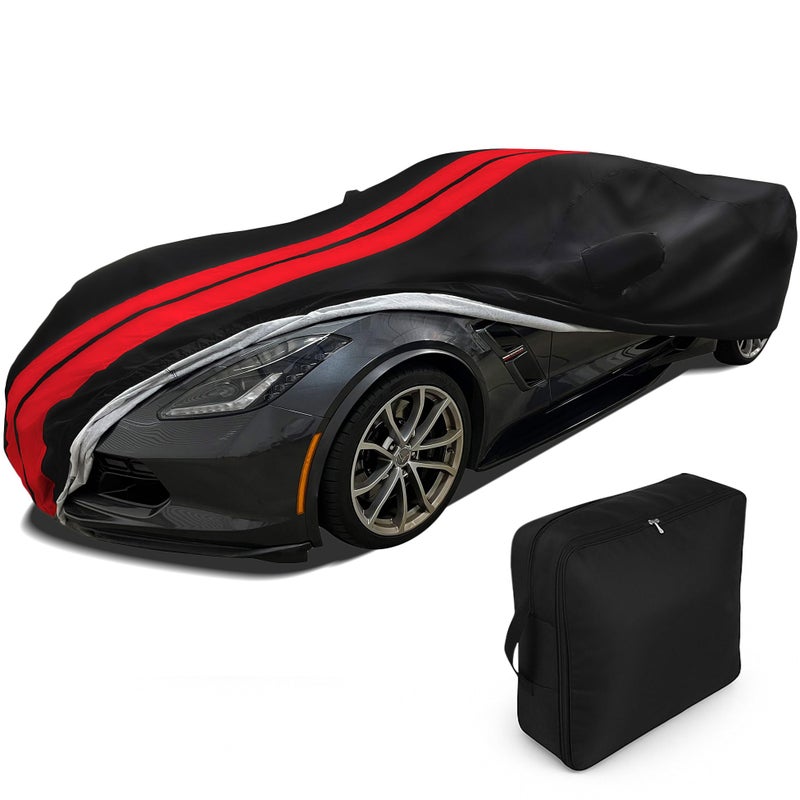 C7 Corvette Car Cover Custom Fit IndoorOutdoor UV Rain Protection Ultraguard Plus 300 Denier High End Fit for 20142019 Stingray Z51 Z06 Grand Sport Corvettes Black with Red Stripes
