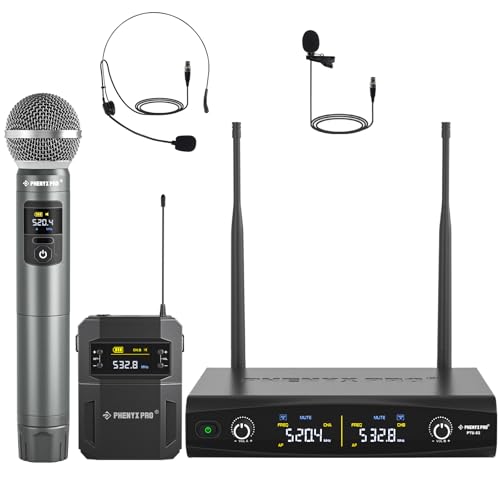 Phenyx Pro نظام ميكروفون لاسلكي فينيكس برو، مجموعة ميكروفونات لاسلكية معدنية مع ميكروفون محمول/جسم/سماعة رأس/ميكروفونات لابيل، 2 × 30 تردد UHF، مدى 200 قدم، ميكروفون لاسلكي للغناء، الكاريوكي، الكنيسة (PTU-52-1H1B) - Image 1