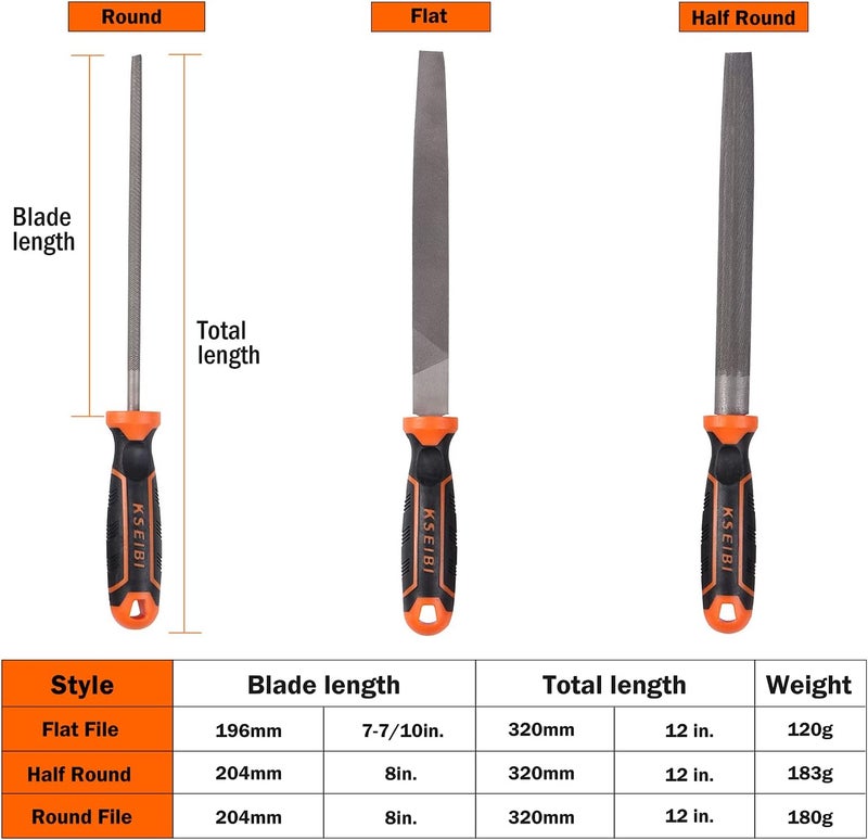 KSEIBI 311485 Metal File Set with High-Carbon Steel Blades - Ergonomic Soft-Grip Handles, 8-Inch Files in Flat, Round, and Half-Round Shapes for Wood and Metal Work - Image 5