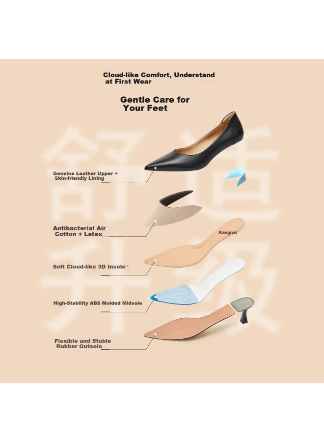 Connell Connie Comfortable Walking Women's High Heel Shoes Elegant Cowhide Low-cut Chunky Heel Office Commuting Thin Heel Size 35 - Image 1