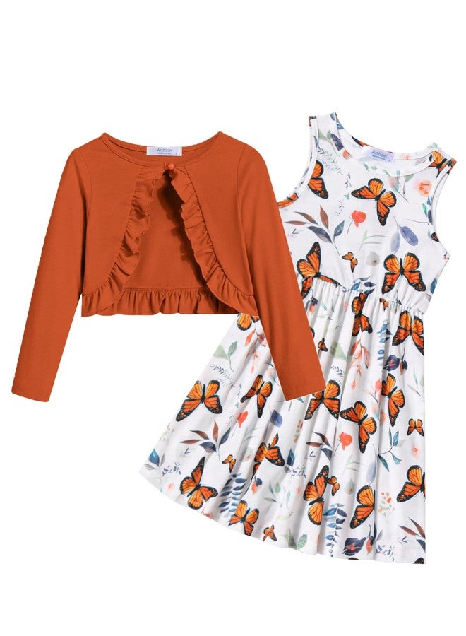 Arshiner فستان أرشينر للفتيات الصغيرات مع جيوب بطباعة فراشة خريفية بدون أكمام ومجموعة سترة طويلة باللون الكراميل 5-6 سنوات - Image 1