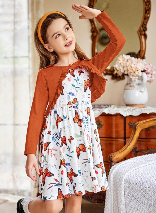 Arshiner فستان أرشينر للفتيات الصغيرات مع جيوب بطباعة فراشة خريفية بدون أكمام ومجموعة سترة طويلة باللون الكراميل 5-6 سنوات - Image 2