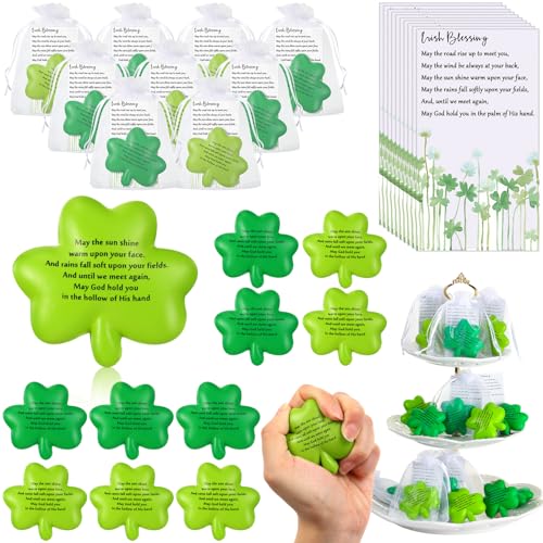 Simgoing 150 Pcs St Patricks Day Gift Bulk Shamrock Stress Balls with Irish Blessing Cards Organza Bags Squeeze Ball Favor for School Kid Classroom Treat Church Giveaway Employee Appreciation - Image 1