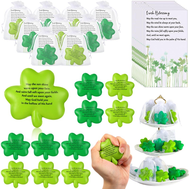 Simgoing 150 Pcs St Patricks Day Gift Bulk Shamrock Stress Balls with Irish Blessing Cards Organza Bags Squeeze Ball Favor for School Kid Classroom Treat Church Giveaway Employee Appreciation - Image 3