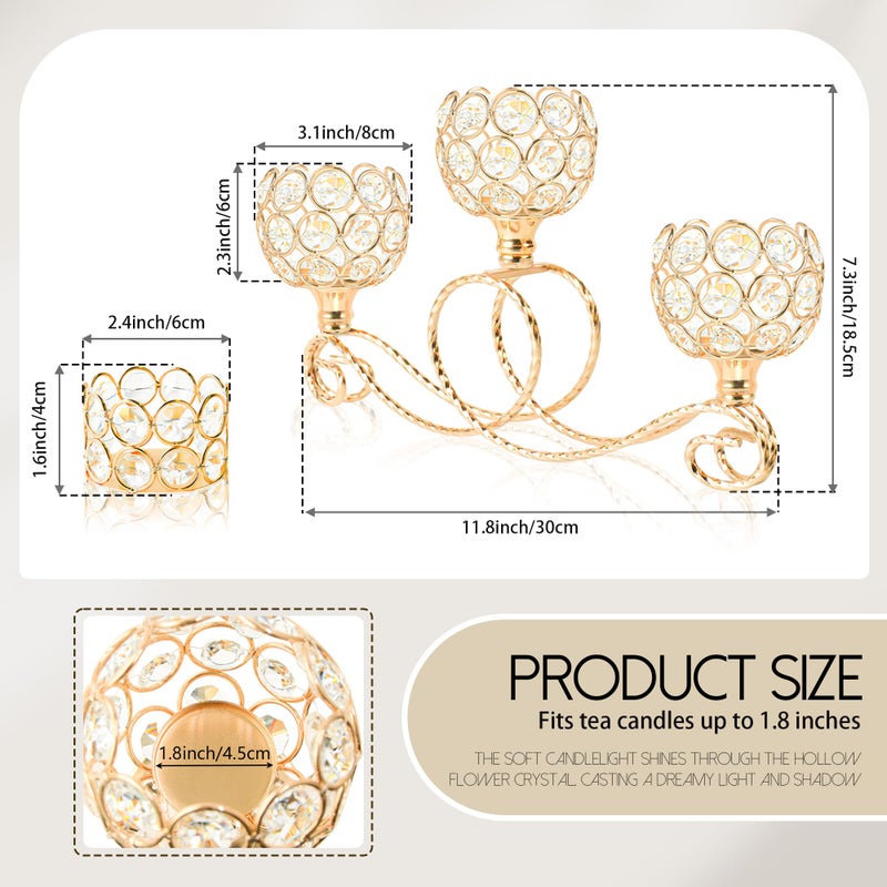 kolnlala Gold 3 Arm Metal Crystal Tea Light Candle Holder, Elegant Wedding Table Centerpiece Candleholder, Christmas Wishing Crystal Bowl Candle Holder Suitable for Wedding Party Living Room Decoration - Image 2