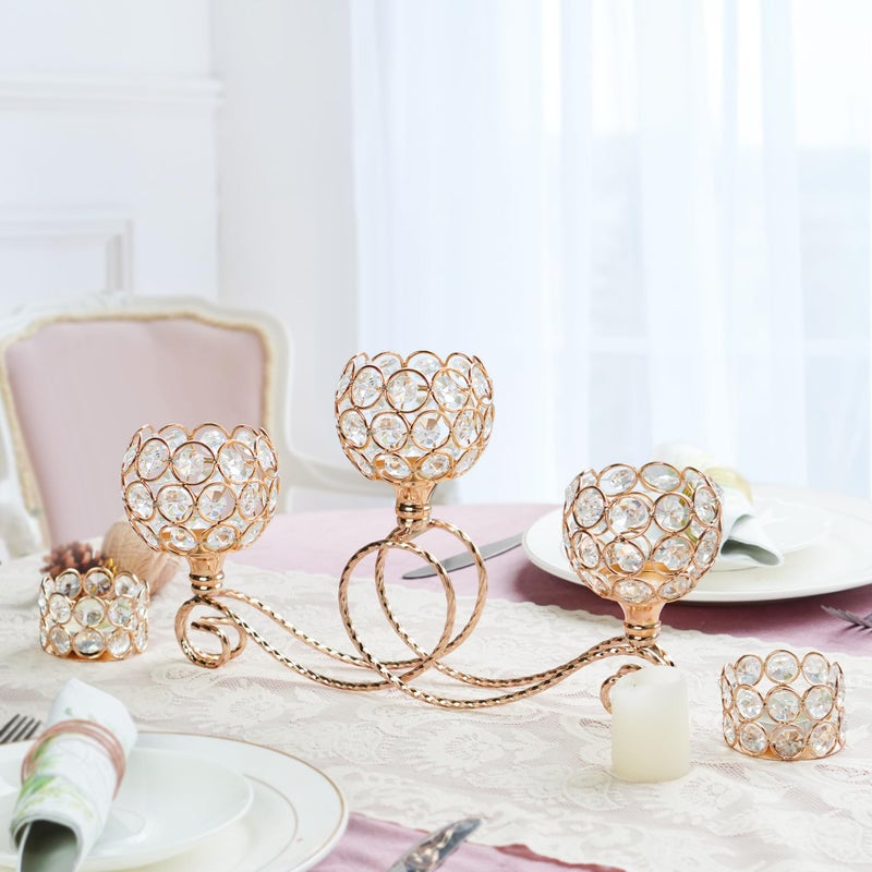 kolnlala Gold 3 Arm Metal Crystal Tea Light Candle Holder, Elegant Wedding Table Centerpiece Candleholder, Christmas Wishing Crystal Bowl Candle Holder Suitable for Wedding Party Living Room Decoration - Image 4