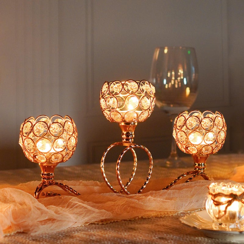 kolnlala Gold 3 Arm Metal Crystal Tea Light Candle Holder, Elegant Wedding Table Centerpiece Candleholder, Christmas Wishing Crystal Bowl Candle Holder Suitable for Wedding Party Living Room Decoration - Image 5