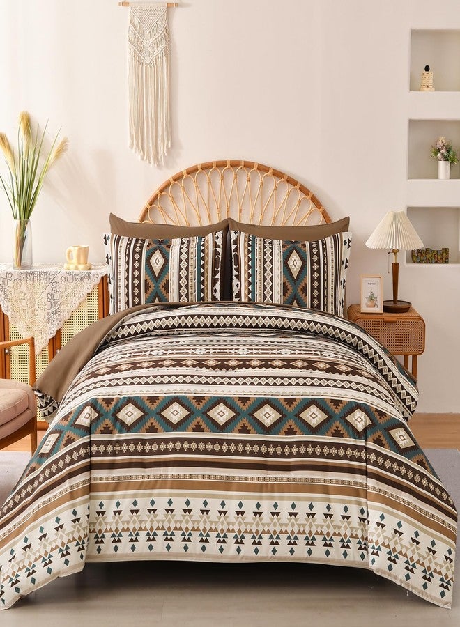 Dinjoy Boho King Size Bed in A Bag 7 Pieces,Brown/Coffee Comforter Set Aztec Striped Fall Bedding Set Bohemian Patchwork Complete Set Geometric Pattern Comforters for Women Men 90"×104" - Image 1