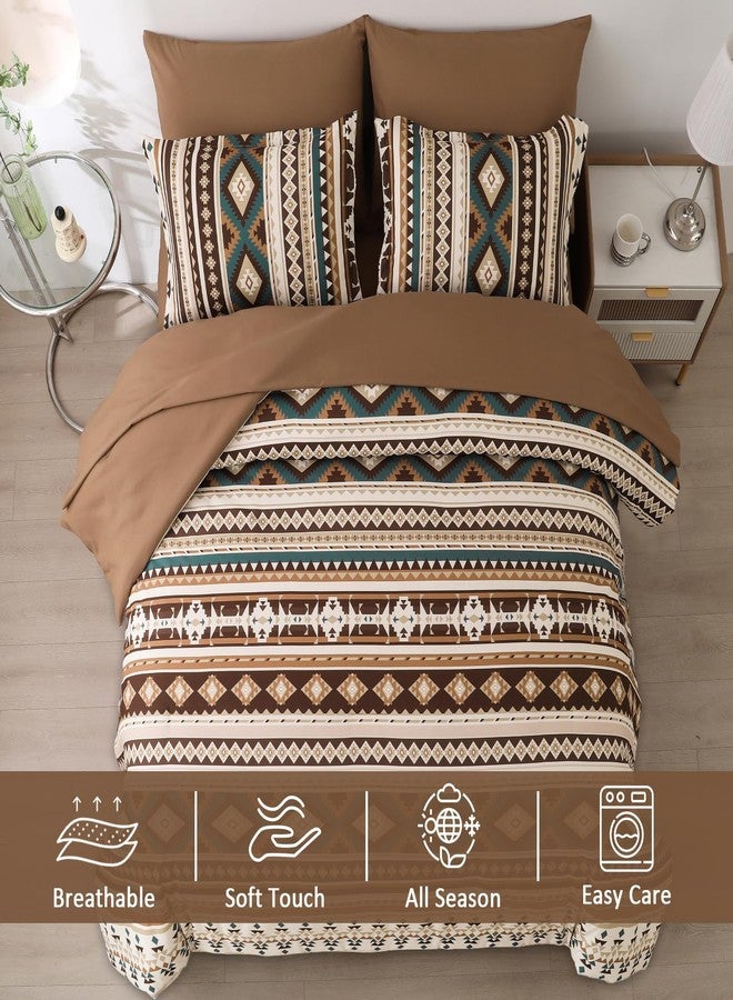 Dinjoy Boho King Size Bed in A Bag 7 Pieces,Brown/Coffee Comforter Set Aztec Striped Fall Bedding Set Bohemian Patchwork Complete Set Geometric Pattern Comforters for Women Men 90"×104" - Image 2