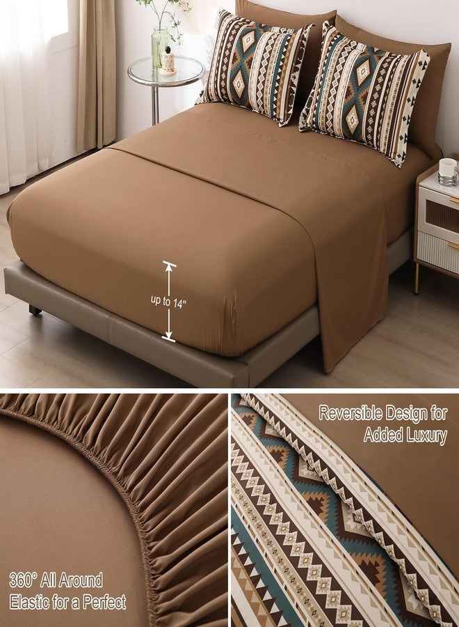 Dinjoy Boho King Size Bed in A Bag 7 Pieces,Brown/Coffee Comforter Set Aztec Striped Fall Bedding Set Bohemian Patchwork Complete Set Geometric Pattern Comforters for Women Men 90"×104" - Image 3