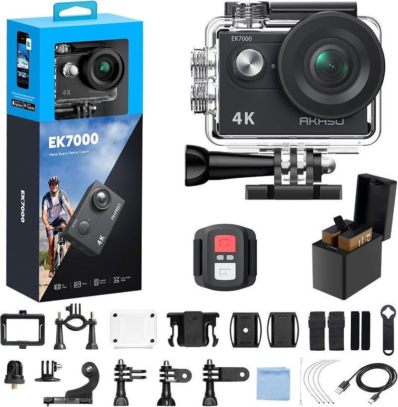 أكاسو كاميرا أكشن AKASO EK7000 بدقة 4K30FPS وبدقة 20 ميجابكسل ودعم للواي فاي، بزوم 4X ومقاومة للماء حتى عمق 131 قدم، مزودة بوظيفة EIS وميكروفون خارجي - Image 1