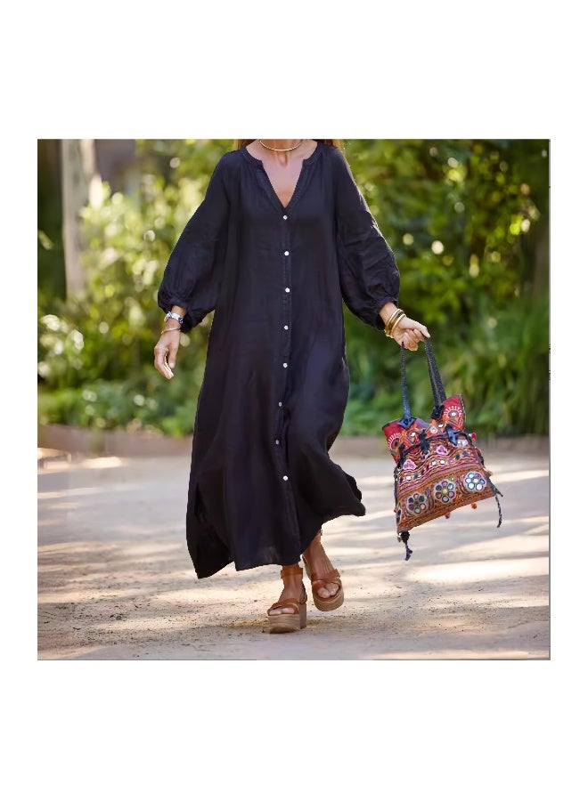 Beauenty Women's dress cotton linen shirt long skirt fashion casual long-sleeved cardigan dress  - Image 1