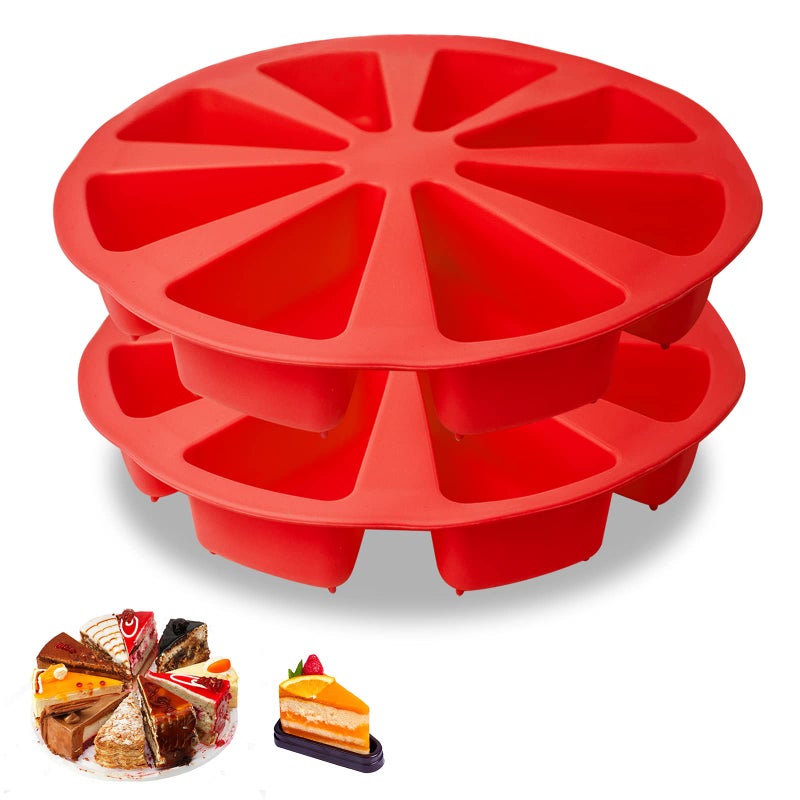 Meajore 2 Pcs Silicone Triangle Cake Pan 8 Cavity Pizza Scone Mold 4 Inch Internal Diameter for Brownies Muffins Cheesecake Cornbread Kitchen Baking Shapes Deep Red