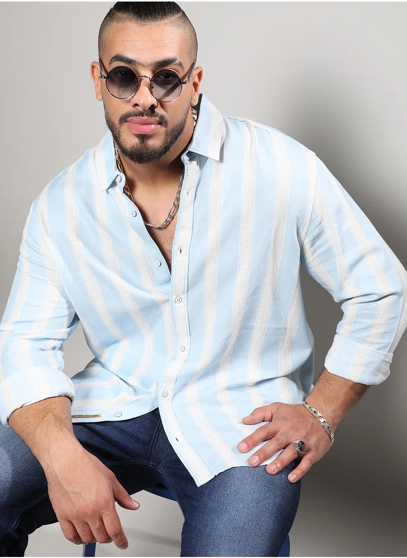 Instafab Plus Instafab Plus Men's Light Blue Shadow Striped Shirt For Casual Wear | Spread Collar | Long Sleeve | Button Closure | Cotton Viscose Shirt Crafted With Comfort Fit For Everyday Wear