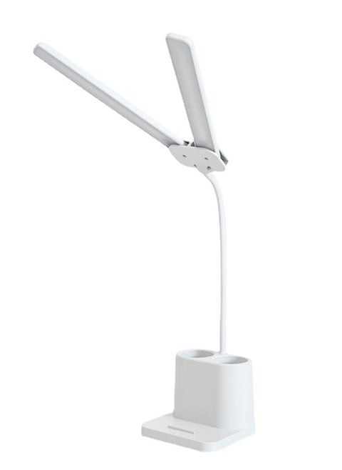 LED Desk Lamp, Double Head Table Lamp with Pen holder, Rechargeable, Eye-Caring, Touch Control With USB Charging Port-Bedside Table Lamp for Reading, Study Lamp for Kids, Home, Office, White