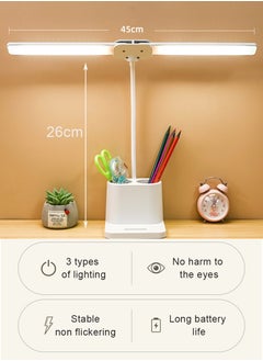 MileMelo LED Desk Lamp, Double Head Table Lamp with Pen holder, Rechargeable, Eye-Caring, Touch Control With USB Charging Port-Bedside Table Lamp for Reading, Study Lamp for Kids, Home, Office, White  - Image 2
