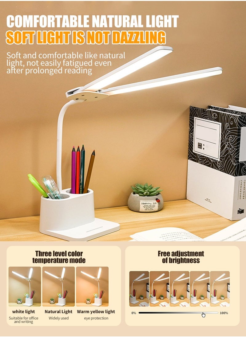 MileMelo - LED Desk Lamp, Double Head Table Lamp with Pen holder, Rechargeable, Eye-Caring, Touch Control With USB Charging Port-Bedside Table Lamp for Reading, Study Lamp for Kids, Home, Office, White - Image 1