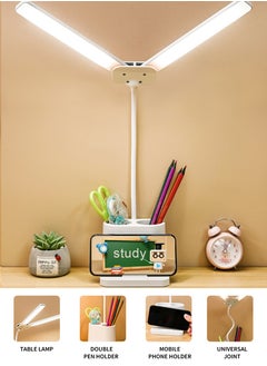 MileMelo LED Desk Lamp, Double Head Table Lamp with Pen holder, Rechargeable, Eye-Caring, Touch Control With USB Charging Port-Bedside Table Lamp for Reading, Study Lamp for Kids, Home, Office, White  - Image 3