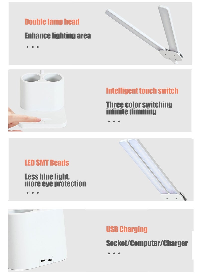 MileMelo - LED Desk Lamp, Double Head Table Lamp with Pen holder, Rechargeable, Eye-Caring, Touch Control With USB Charging Port-Bedside Table Lamp for Reading, Study Lamp for Kids, Home, Office, White - Image 1