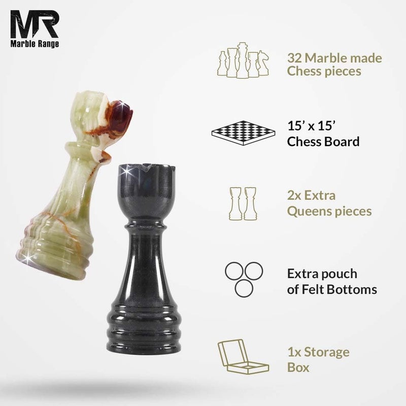 MARBLE RANGE Marble Chess Set for Adults 15" Handmade Black & Green Onyx Board Game with 32 Chess Pieces, 2 Extra Queens & Storage Box, Luxury Travel Game â€“ Elegant Home DÃ©cor - Image 5