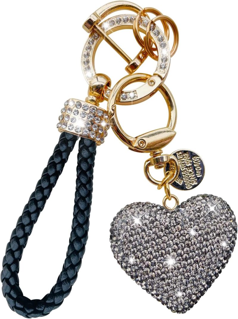 Heart Glass Keychain: 2.5 Oz Pink Gold Tone Zinc Alloy, Sparkling Imitation Diamonds, Durable Braided Leather - Anti-Lost D-Ring, Mini Screwdriver, 2 Small Keyrings for Women, Girls, Car Keys, Bags - Image 2