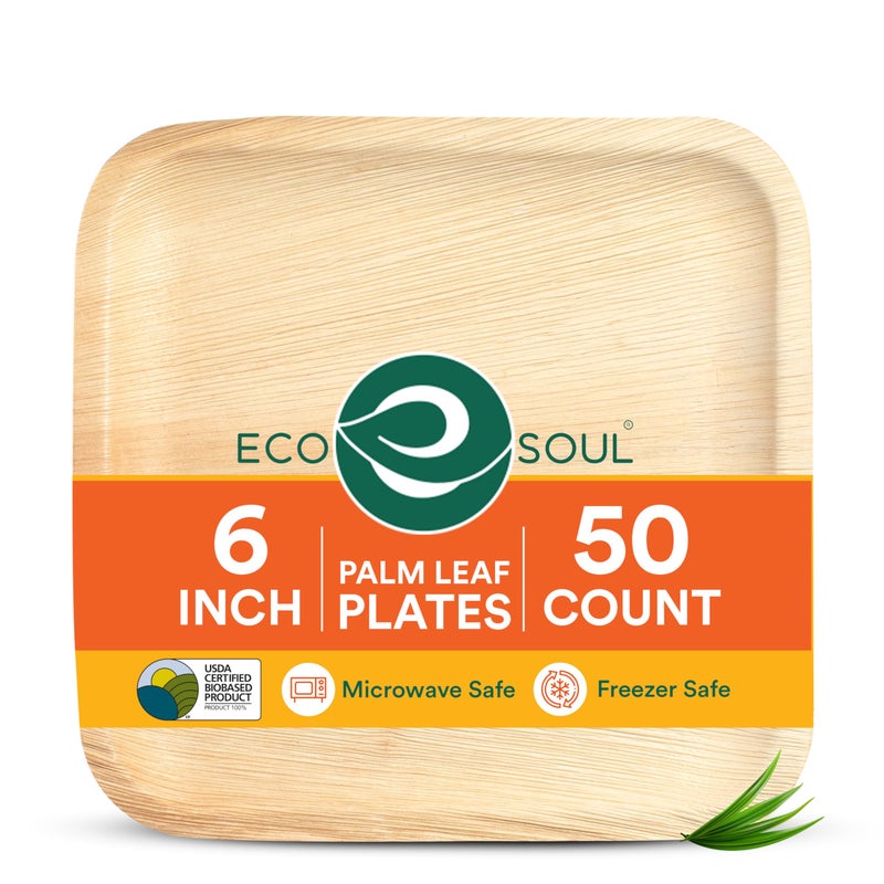 ECO SOUL 6 Inch Disposable Palm Leaf Plates [50 Pack] Premium Food-Safe Heavy Duty Compostable Bamboo Paper Plates for Dessert, Dinner, Appetizers, Weddings, Party, Camping & Catering Events [Square] - Image 1