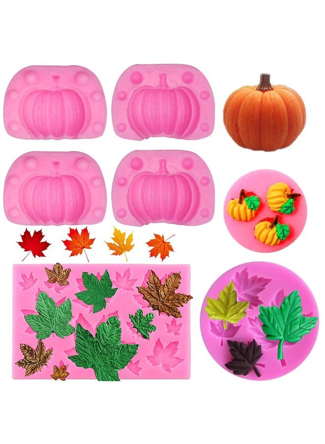 Rainmae 5Pcs Autumn 3D Pumpkin Silicone Mold, Mini Pumpkin Mold for Thankgiving Cupcake Molds, Maple Leaves Fondant Cake Decorating Chocolate Candy Clay Moulds for Fall Thanks Giving - Image 1