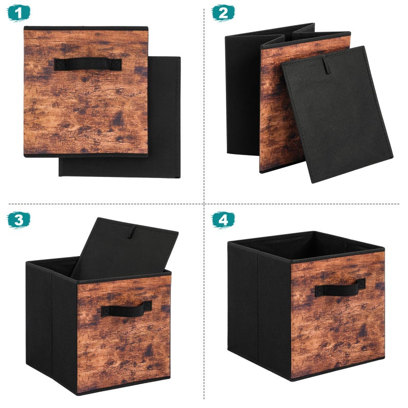 Stero Fabric Storage Cubes, 6 Pack Foldable Storage Bins with Handle, 11 Inch Box for Shelves, Closet, Organizer, Rustic Brown and Black - Image 3